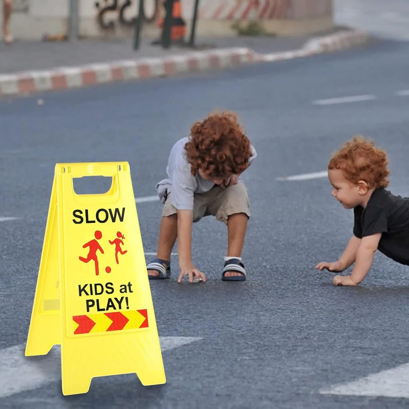 StrLon Slow Kids at Play Signs for Street, Double-Sided Text and Graphics with Reflective Tape, Children at Play Safety Sign for Neighborhoods Schools Park Sidewalk Driveway (2-Pack Yellow) - Image 5